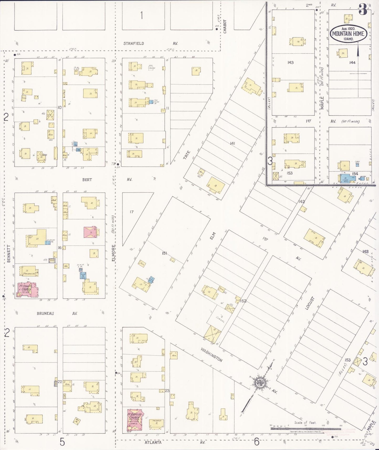 Sanborn Fire Insurance Map from Mountain Home, Elmore County, Idaho (1920), Sheet #0003 - Complete Map Set gallery image, historic Sanborn map, vintage wall art, Idaho Idaho