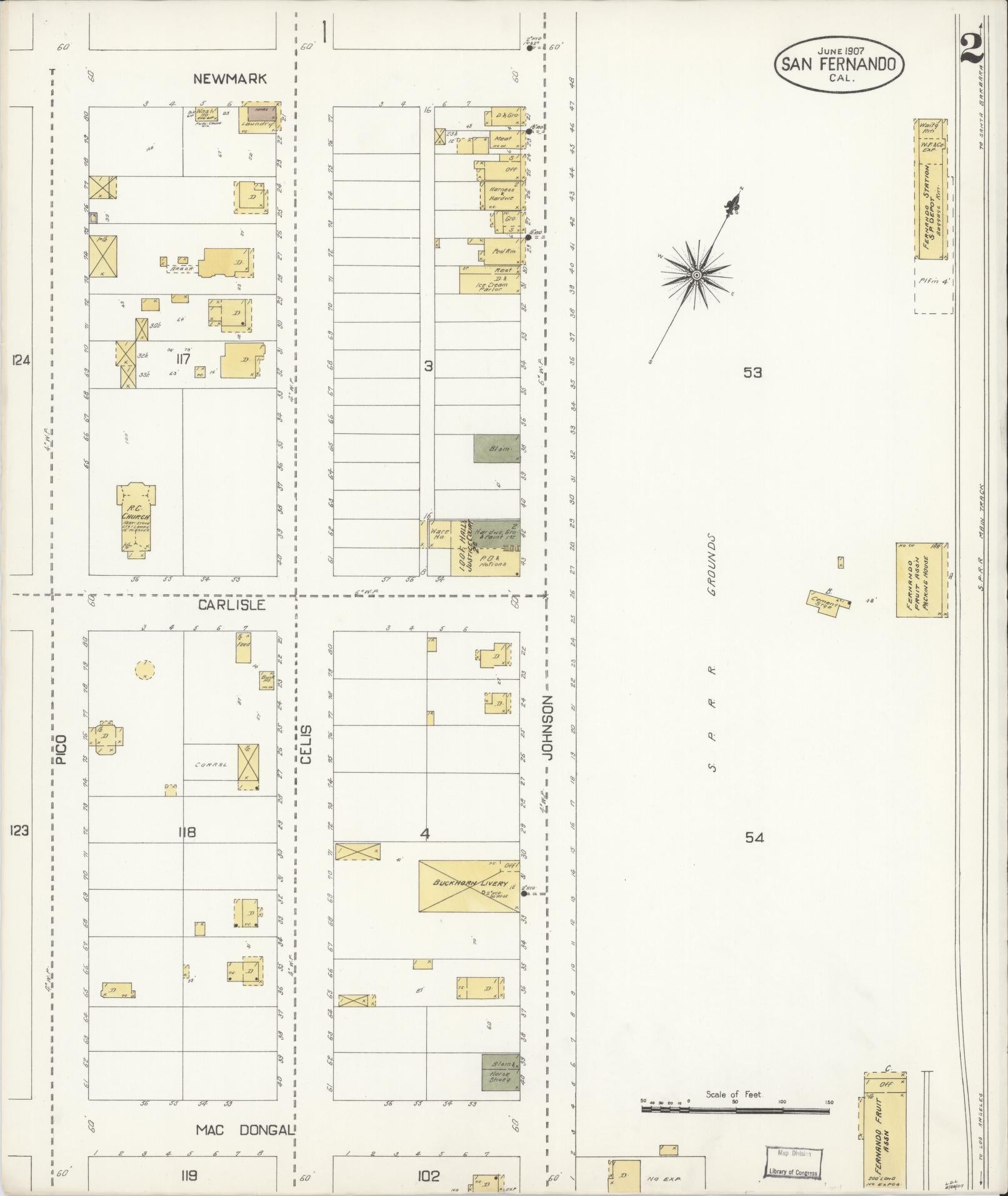 Sanborn Fire Insurance Map from San Fernando, Los Angeles County, California (1907), Sheet #0002 - Complete Map Set gallery image, historic Sanborn map, vintage wall art, California California