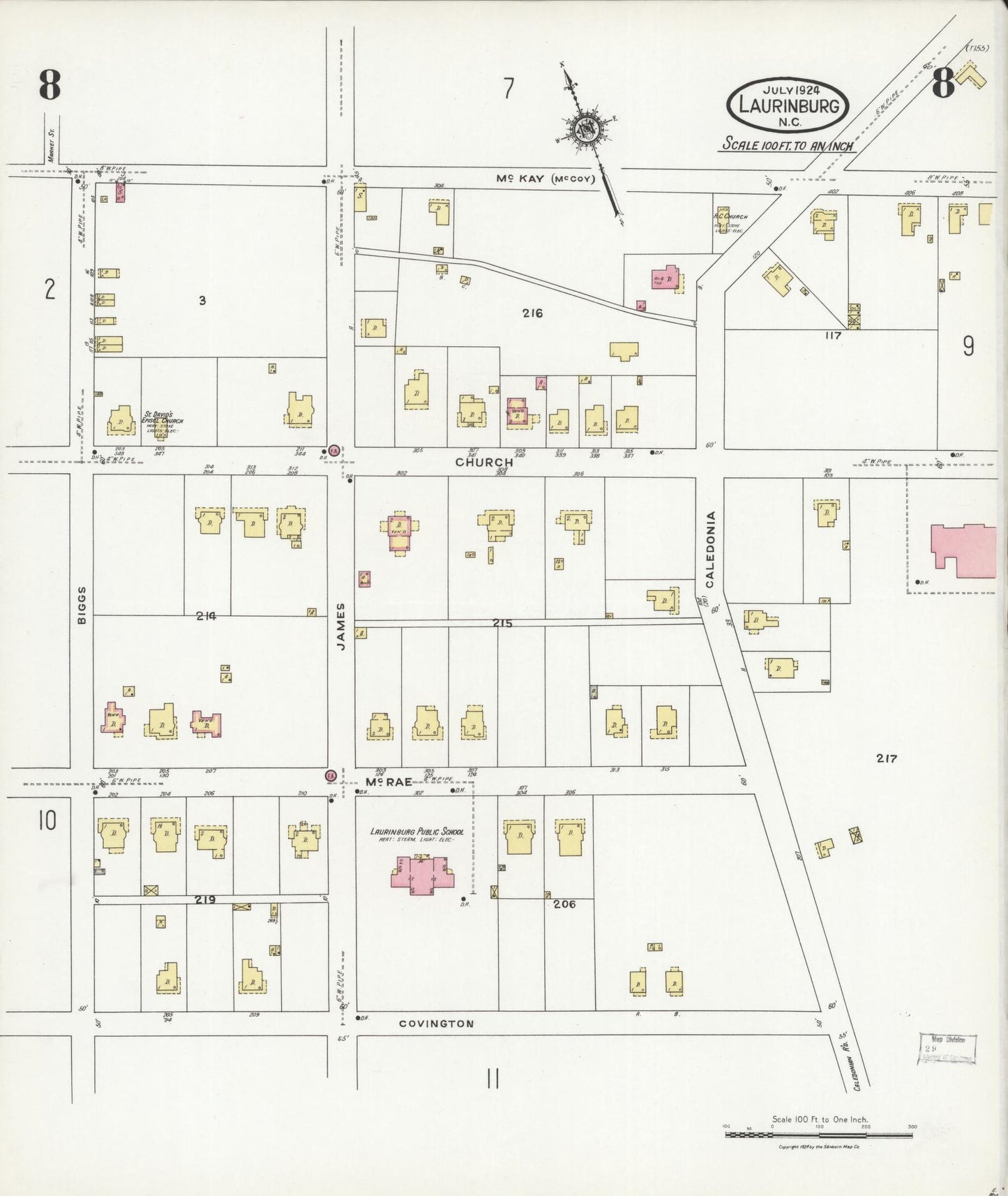 Sanborn Fire Insurance Map from Laurinburg, Scotland County, North Carolina (1924), Sheet #0008 - Complete Map Set gallery image, historic Sanborn map, vintage wall art, North Carolina North Carolina