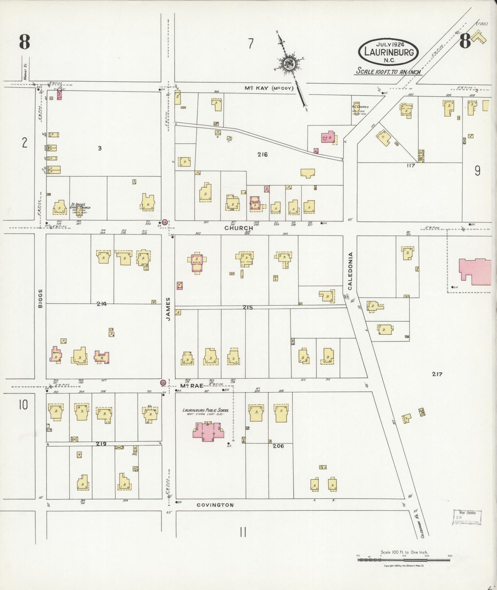 Sanborn Fire Insurance Map from Laurinburg, Scotland County, North Carolina (1924), Sheet #0008 - Complete Map Set gallery image, historic Sanborn map, vintage wall art, North Carolina North Carolina