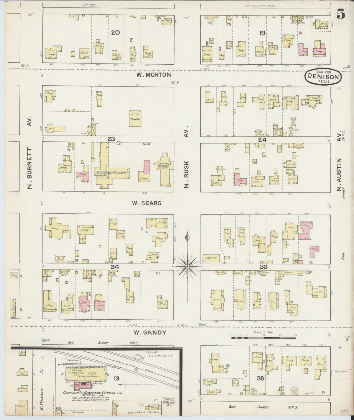 Sanborn Fire Insurance Map from Denison, Grayson County, Texas (1888), Sheet #0005 - Complete Map Set gallery image, historic Sanborn map, vintage wall art, Texas Texas