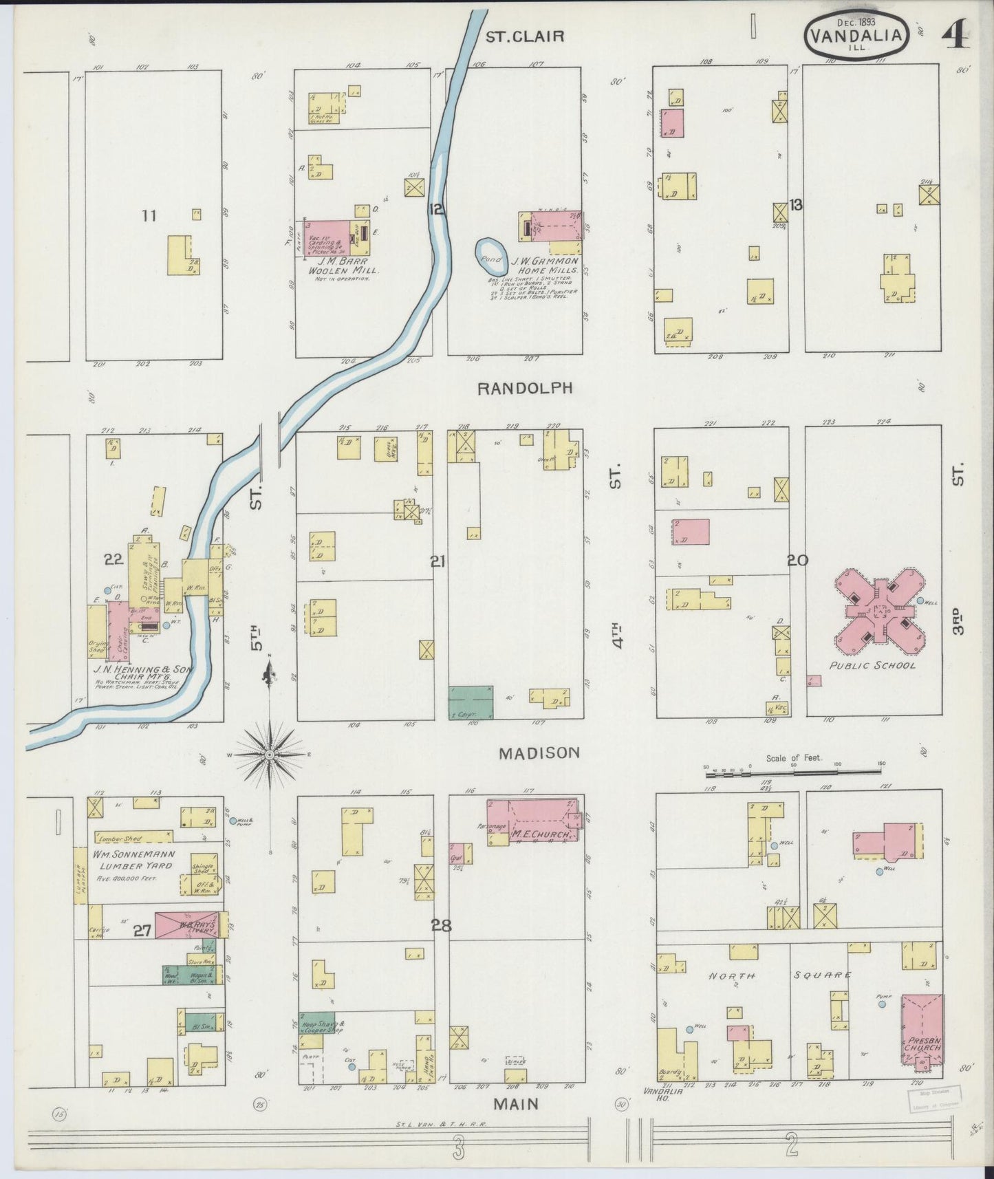 Sanborn Fire Insurance Map from Vandalia, Fayette County, Illinois (1893), Sheet #0004 - Historic Sanborn Fire Insurance Map Print, vintage old map wall art, antique decor, genealogy gift, Illinois Illinois map