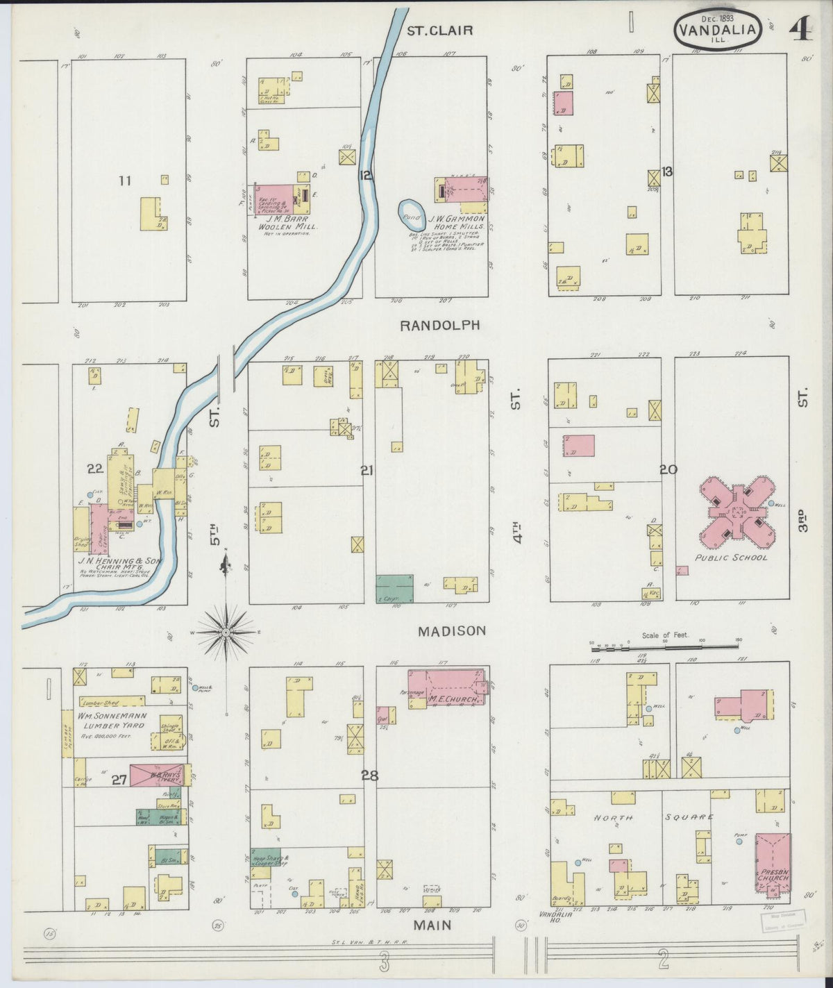 Sanborn Fire Insurance Map from Vandalia, Fayette County, Illinois (1893), Sheet #0004 - Historic Sanborn Fire Insurance Map Print, vintage old map wall art, antique decor, genealogy gift, Illinois Illinois map