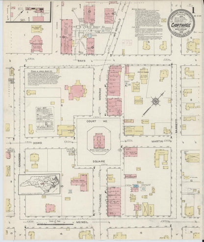Sanborn Fire Insurance Map from Carthage, Moore County, North Carolina (1915), Sheet #0001 - Historic Sanborn Fire Insurance Map Print, vintage old map wall art, antique decor, genealogy gift, North Carolina North Carolina map