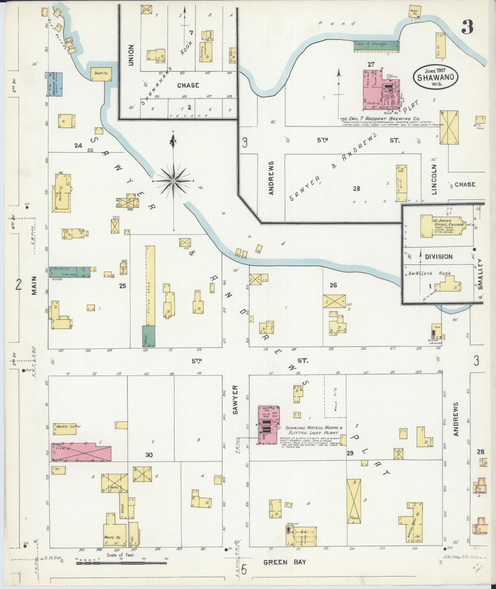 Sanborn Fire Insurance Map from Shawano, Shawano County, Wisconsin (1907), Sheet #0003 - Complete Map Set gallery image, historic Sanborn map, vintage wall art, Wisconsin Wisconsin