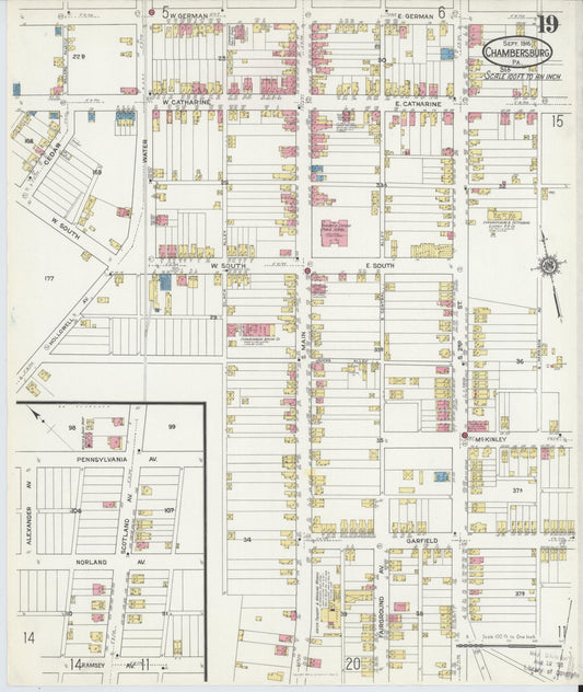 Sanborn Fire Insurance Map from Chambersburg, Franklin County, Pennsylvania (1916), Sheet #0019 - Historic Sanborn Fire Insurance Map Print, vintage old map wall art, antique decor, genealogy gift, Pennsylvania Pennsylvania map