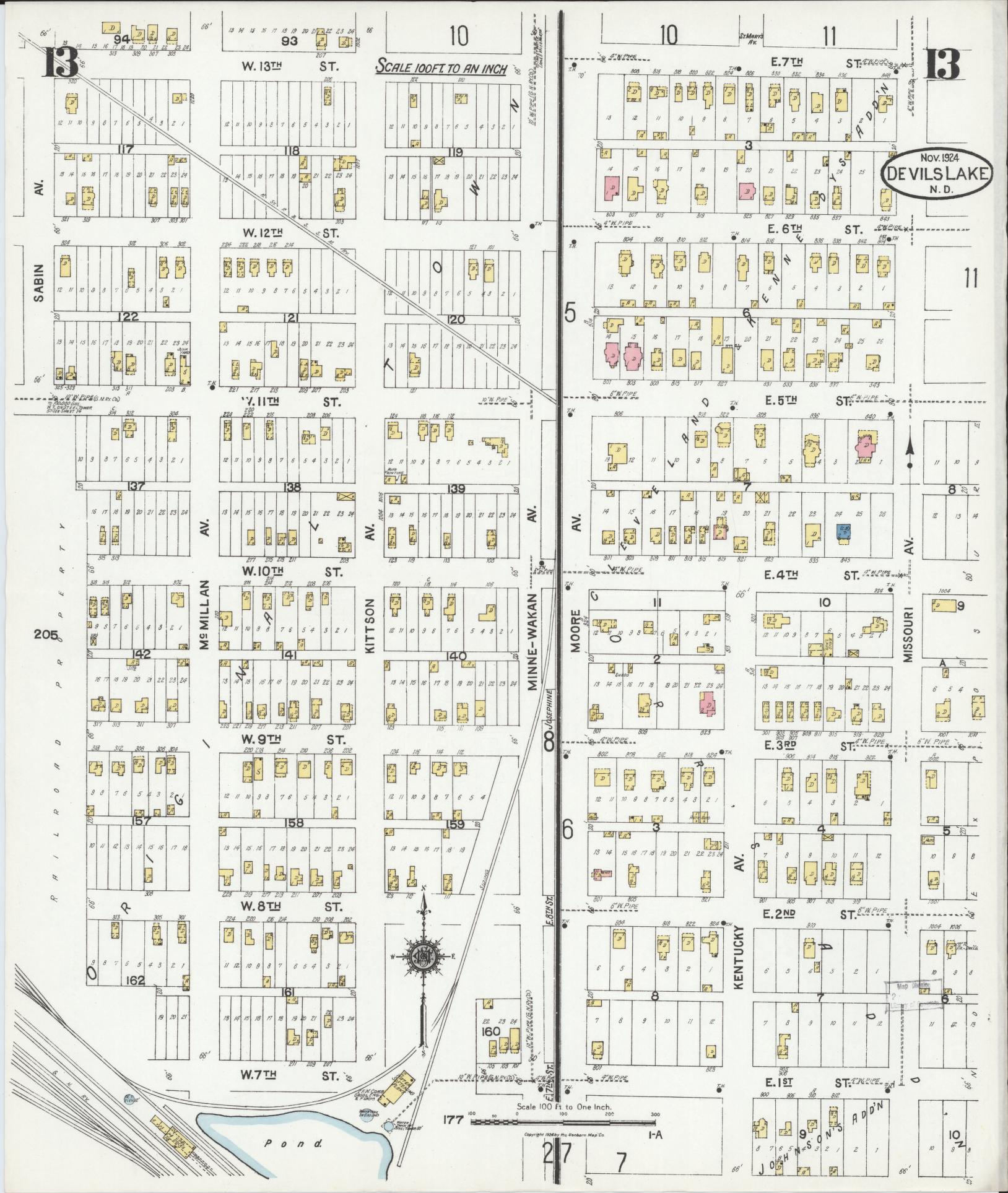 Sanborn Fire Insurance Map from Devils Lake, Ramsey County, North Dakota (1924), Sheet #0013 - Historic Sanborn Fire Insurance Map Print, vintage old map wall art, antique decor, genealogy gift, North Dakota North Dakota map