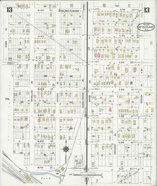 Sanborn Fire Insurance Map from Devils Lake, Ramsey County, North Dakota (1924), Sheet #0013 - Historic Sanborn Fire Insurance Map Print, vintage old map wall art, antique decor, genealogy gift, North Dakota North Dakota map