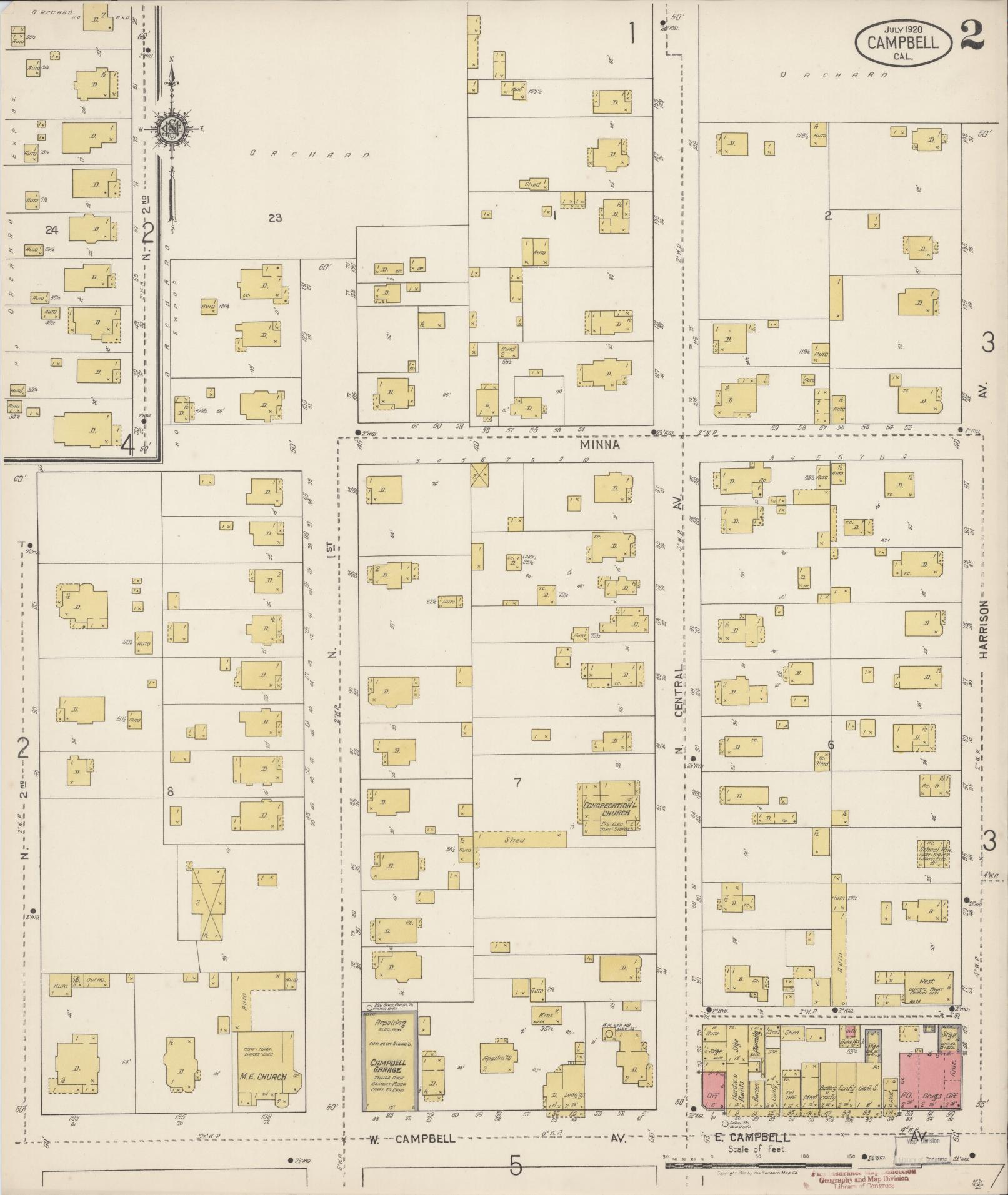 Sanborn Fire Insurance Map from Campbell, Santa Clara County, California (1920), Sheet #0002 - Complete Map Set gallery image, historic Sanborn map, vintage wall art, California California