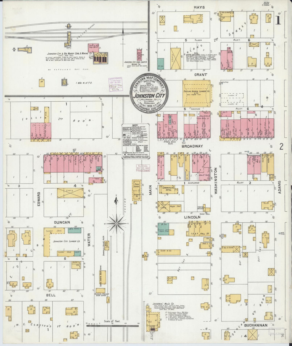 Sanborn Fire Insurance Map from Johnston City, Williamson County, Illinois (1906), Sheet #0001 - Historic Sanborn Fire Insurance Map Print, vintage old map wall art, antique decor, genealogy gift, Illinois Illinois map
