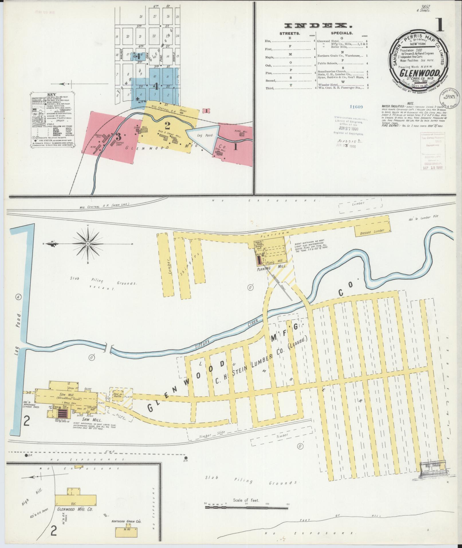 Sanborn Fire Insurance Map from Glenwood City, St. Croix County, Wisconsin (1900), Sheet #0001 - Complete Map Set gallery image, historic Sanborn map, vintage wall art, Wisconsin Wisconsin