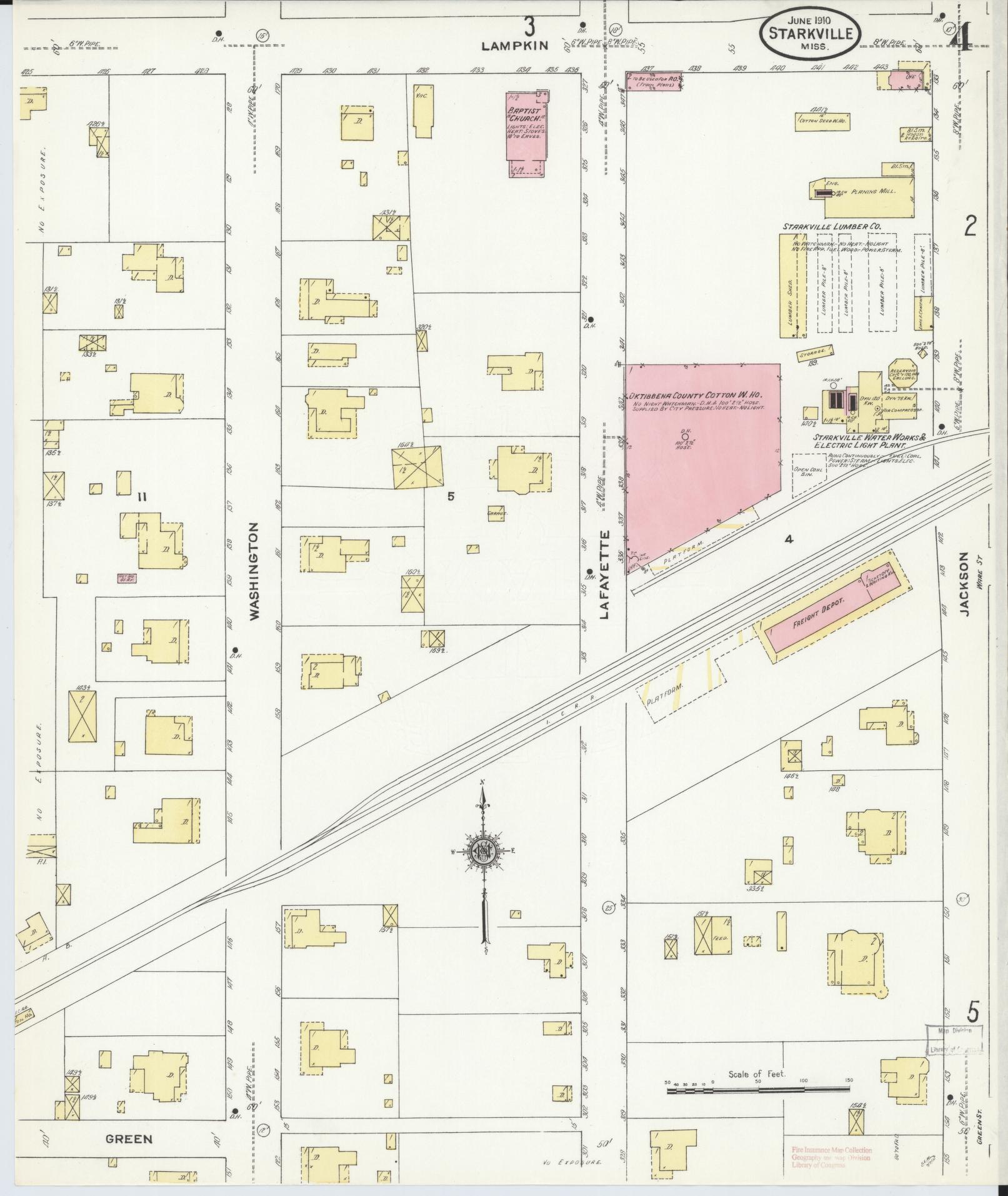 Sanborn Fire Insurance Map from Starkville, Oktibbeha County, Mississippi (1910), Sheet #0004 - Complete Map Set gallery image, historic Sanborn map, vintage wall art, Mississippi Mississippi