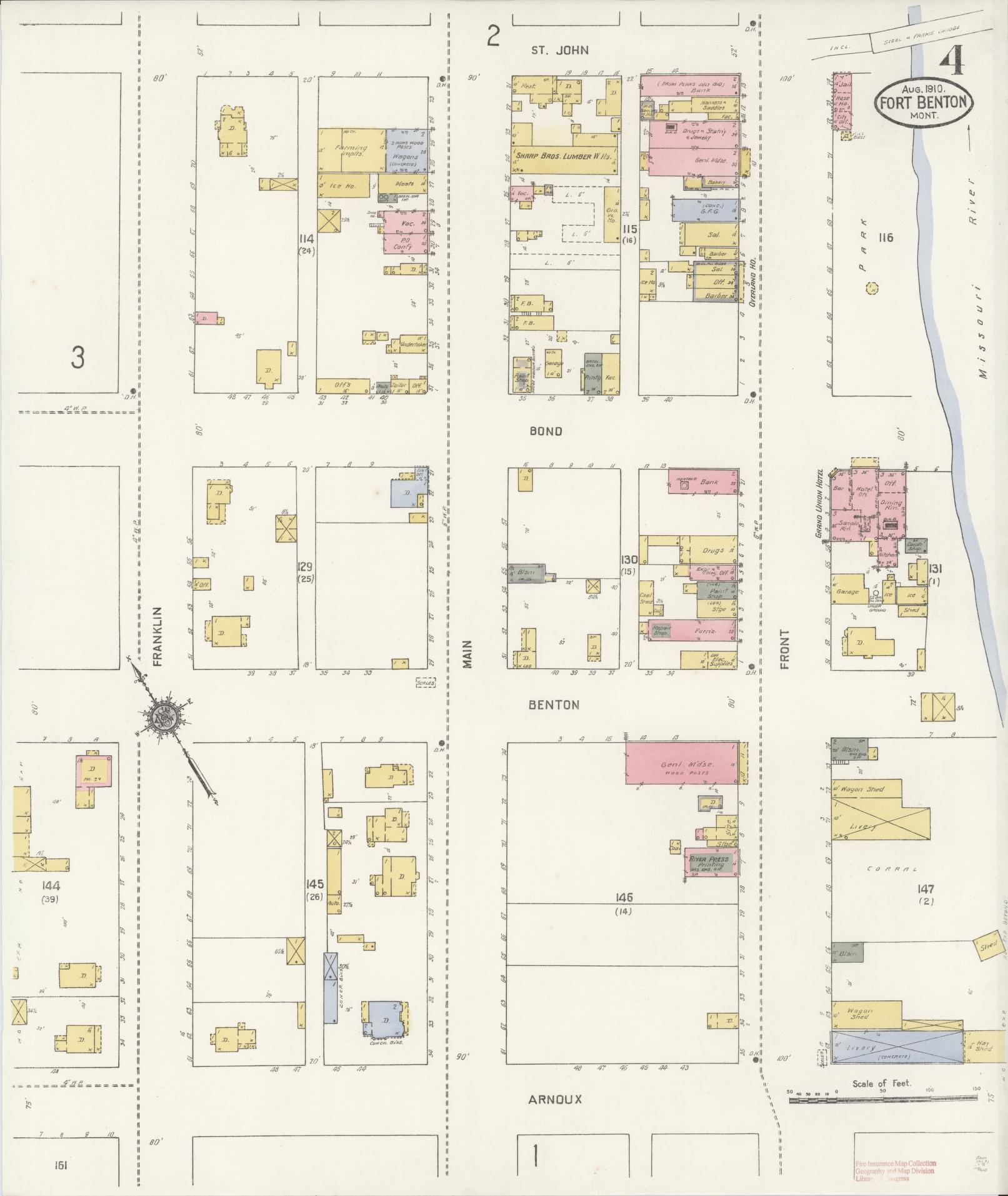 Sanborn Fire Insurance Map from Fort Benton, Chouteau County, Montana (1910), Sheet #0004 - Complete Map Set gallery image, historic Sanborn map, vintage wall art, Montana Montana