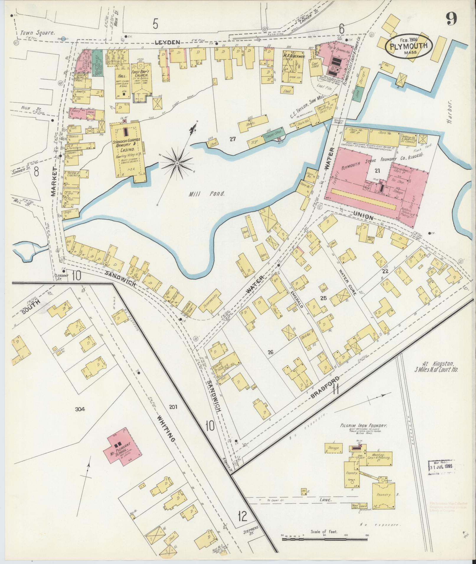Sanborn Fire Insurance Map from Plymouth, Plymouth County, Massachusetts (1906), Sheet #0009 - Historic Sanborn Fire Insurance Map Print, vintage old map wall art, antique decor, genealogy gift, Massachusetts Massachusetts map