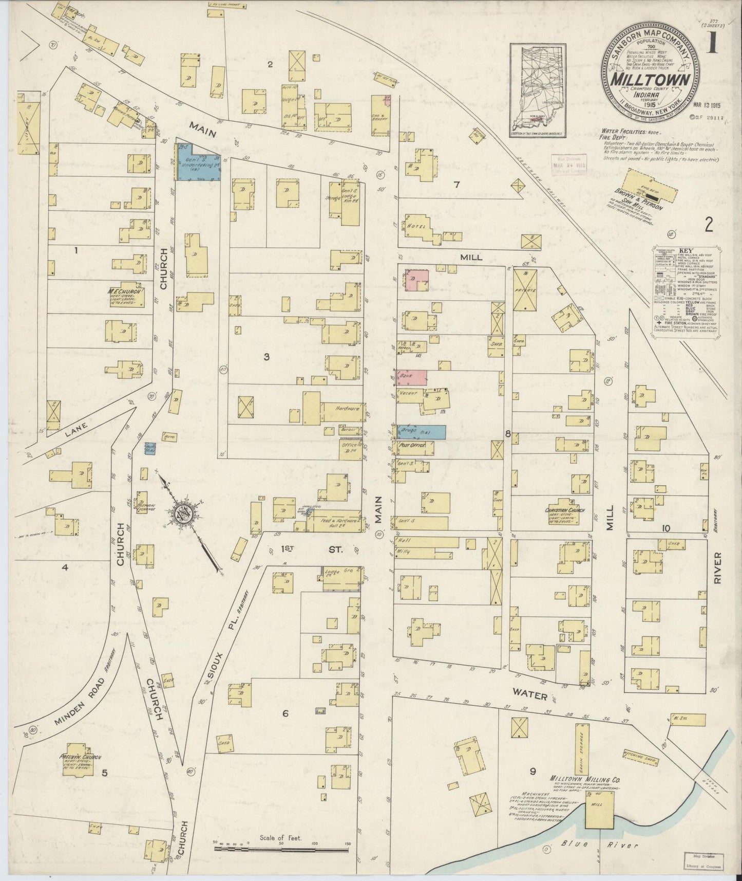 Sanborn Fire Insurance Map from Milltown, Crawford And Harrison Counties, Indiana (1915), Sheet #0001 - Complete Map Set gallery image, historic Sanborn map, vintage wall art, Indiana Indiana