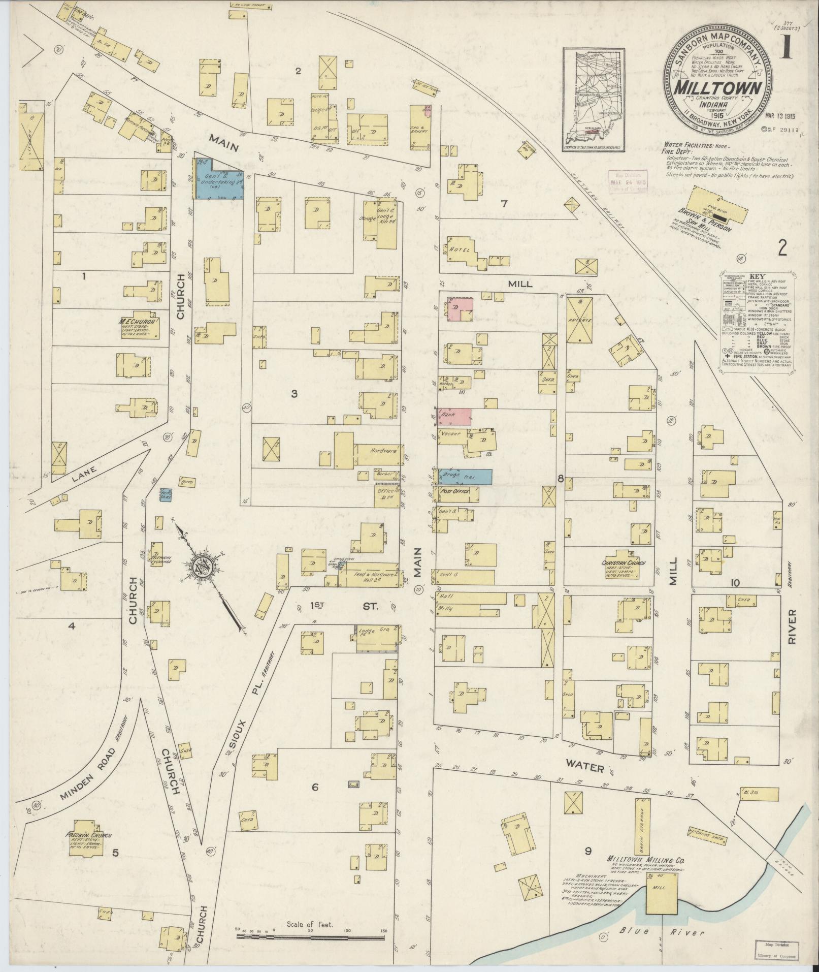 Sanborn Fire Insurance Map from Milltown, Crawford And Harrison Counties, Indiana (1915), Sheet #0001 - Complete Map Set gallery image, historic Sanborn map, vintage wall art, Indiana Indiana