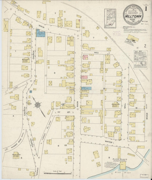 Sanborn Fire Insurance Map from Milltown, Crawford And Harrison Counties, Indiana (1915), Sheet #0001 - Complete Map Set gallery image, historic Sanborn map, vintage wall art, Indiana Indiana