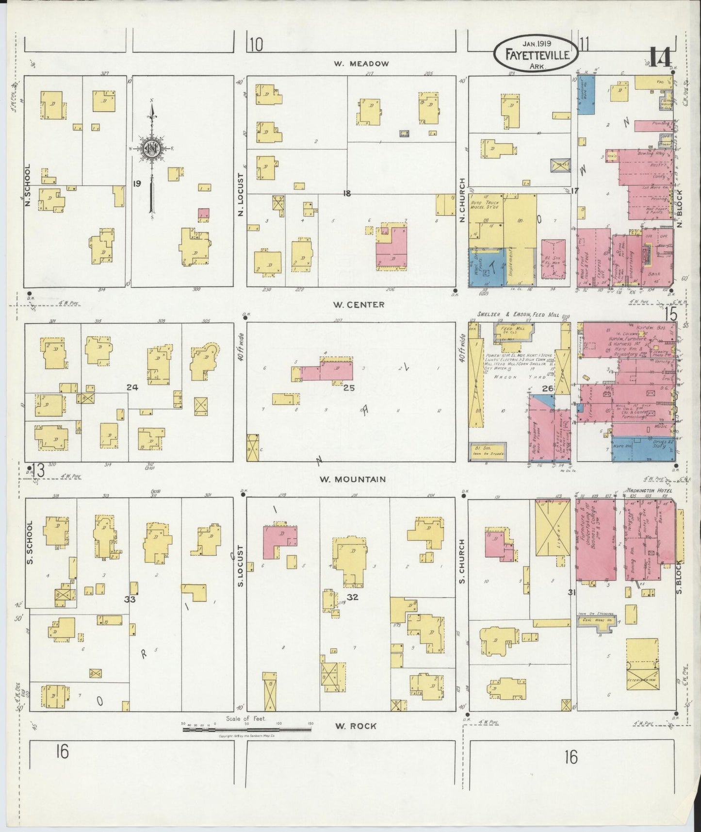 Sanborn Fire Insurance Map from Fayetteville, Washington County, Arkansas (1919), Sheet #0014 - Historic Sanborn Fire Insurance Map Print, vintage old map wall art, antique decor, genealogy gift, Arkansas Arkansas map