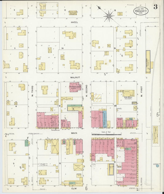 Sanborn Fire Insurance Map from Prescott, Nevada County, Arkansas (1908), Sheet #0003 - Historic Sanborn Fire Insurance Map Print, vintage old map wall art, antique decor, genealogy gift, Prescott Nevada map