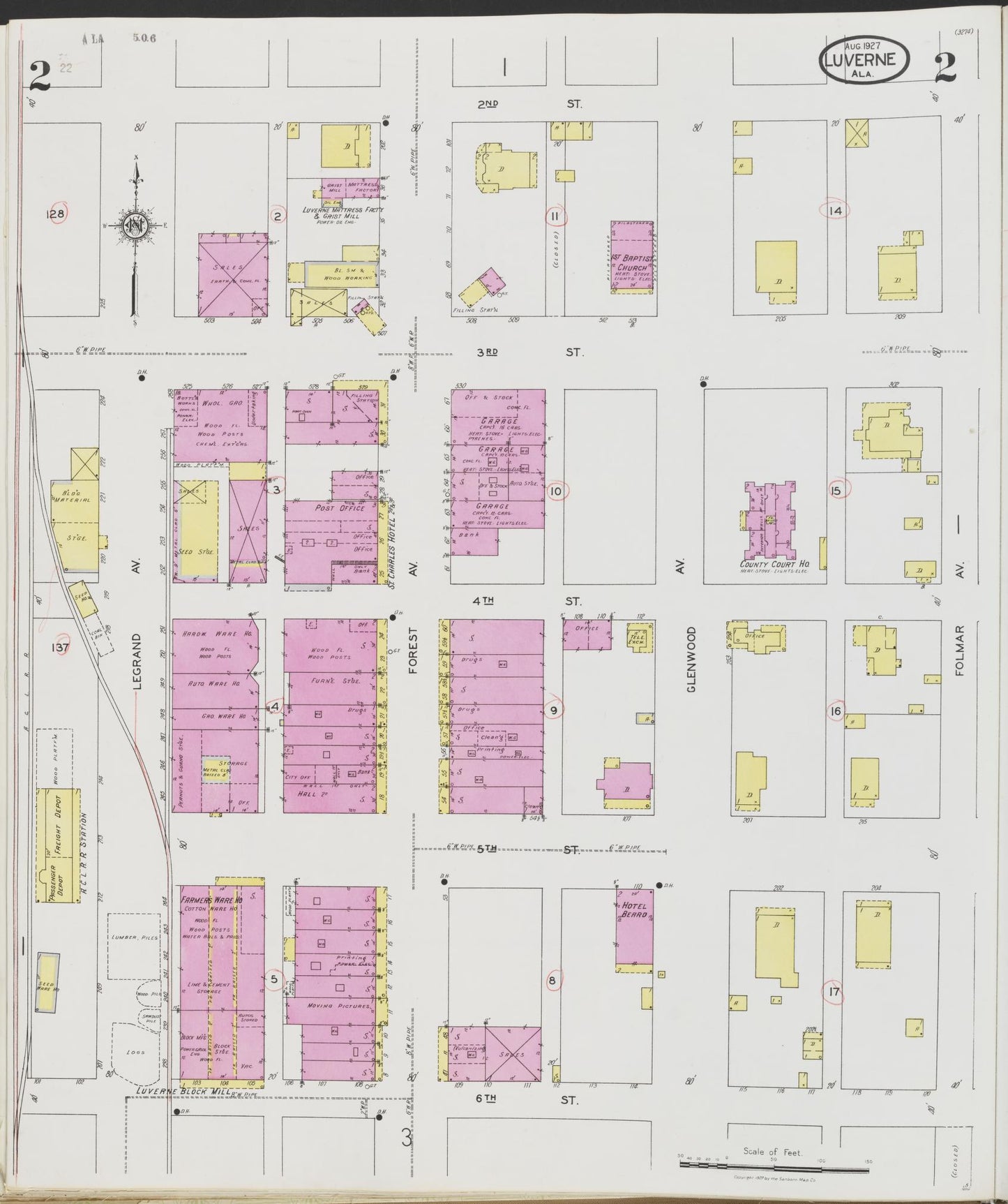 Sanborn Fire Insurance Map from Luverne, Crenshaw County, Alabama (1927), Sheet #0002 - Complete Map Set gallery image, historic Sanborn map, vintage wall art, Alabama Alabama