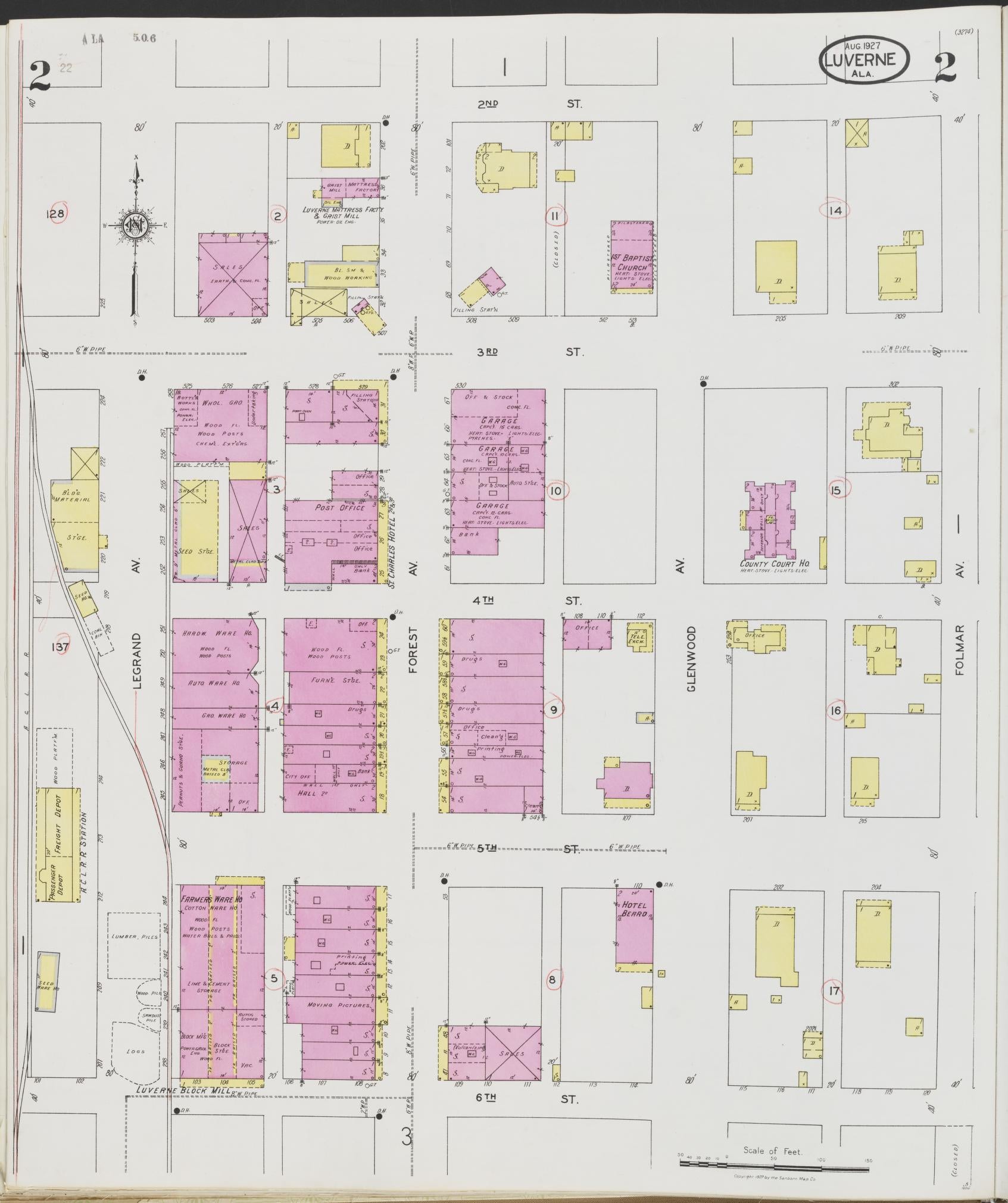 Sanborn Fire Insurance Map from Luverne, Crenshaw County, Alabama (1927), Sheet #0002 - Complete Map Set gallery image, historic Sanborn map, vintage wall art, Alabama Alabama