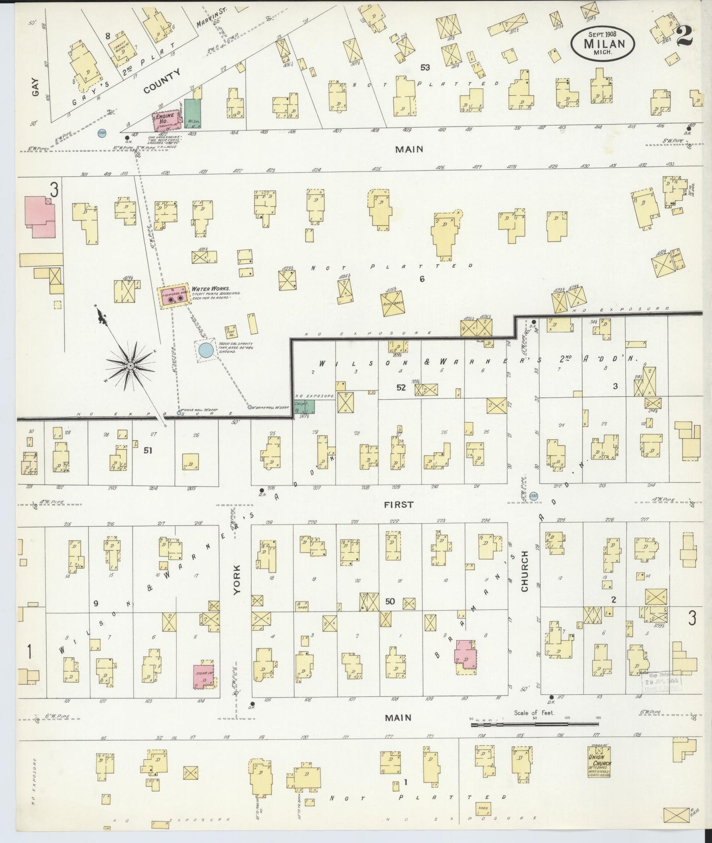 Sanborn Fire Insurance Map from Milan, Washtenaw And Monroe Counties, Michigan (1908), Sheet #0002 - Complete Map Set gallery image, historic Sanborn map, vintage wall art, Michigan Michigan
