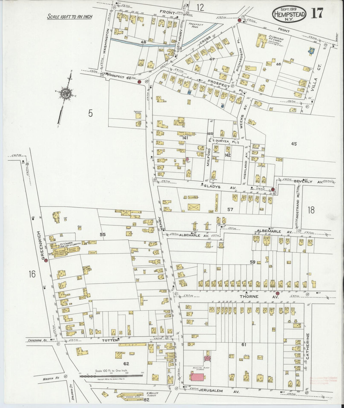 Sanborn Fire Insurance Map from Hempstead, Nassau County, New York (1919), Sheet #0017 - Complete Map Set gallery image, historic Sanborn map, vintage wall art, New York New York