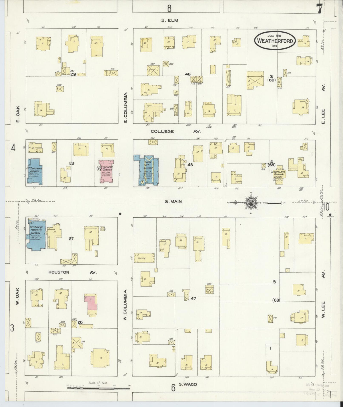 Sanborn Fire Insurance Map from Weatherford, Parker County, Texas (1910), Sheet #0007 - Historic Sanborn Fire Insurance Map Print, vintage old map wall art, antique decor, genealogy gift, Texas Texas map