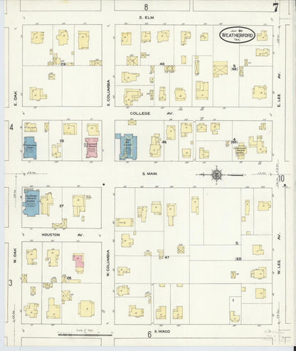 Sanborn Fire Insurance Map from Weatherford, Parker County, Texas (1910), Sheet #0007 - Historic Sanborn Fire Insurance Map Print, vintage old map wall art, antique decor, genealogy gift, Texas Texas map