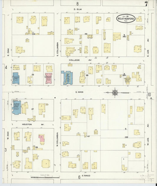 Sanborn Fire Insurance Map from Weatherford, Parker County, Texas (1910), Sheet #0007 - Historic Sanborn Fire Insurance Map Print, vintage old map wall art, antique decor, genealogy gift, Texas Texas map