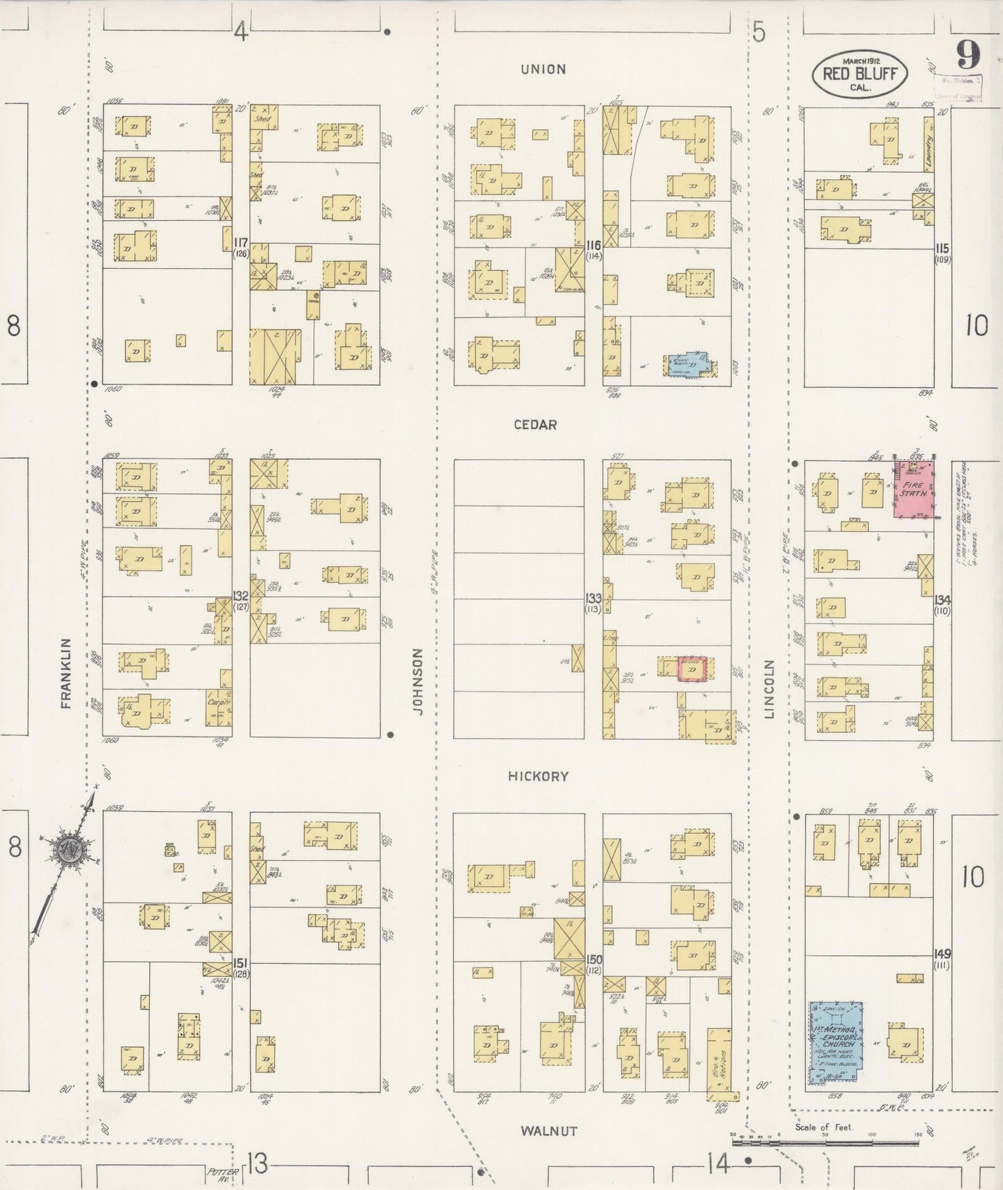 Sanborn Fire Insurance Map from Red Bluff, Tehama County, California (1912), Sheet #0009 - Complete Map Set gallery image, historic Sanborn map, vintage wall art, California California