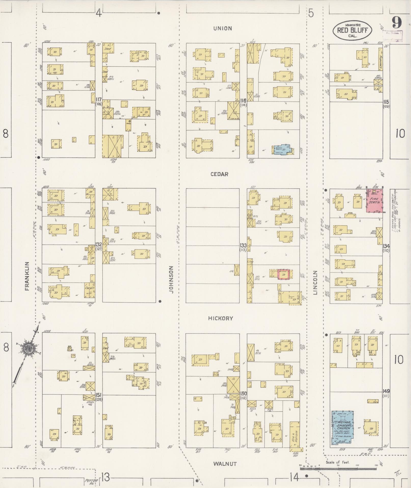 Sanborn Fire Insurance Map from Red Bluff, Tehama County, California (1912), Sheet #0009 - Complete Map Set gallery image, historic Sanborn map, vintage wall art, California California