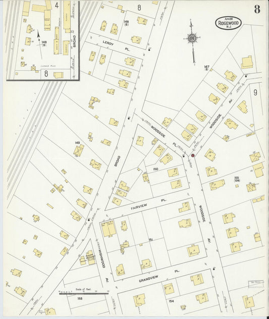Sanborn Fire Insurance Map from Ridgewood, Bergen County, New Jersey (1911), Sheet #0008 - Historic Sanborn Fire Insurance Map Print, vintage old map wall art, antique decor, genealogy gift, New Jersey New Jersey map