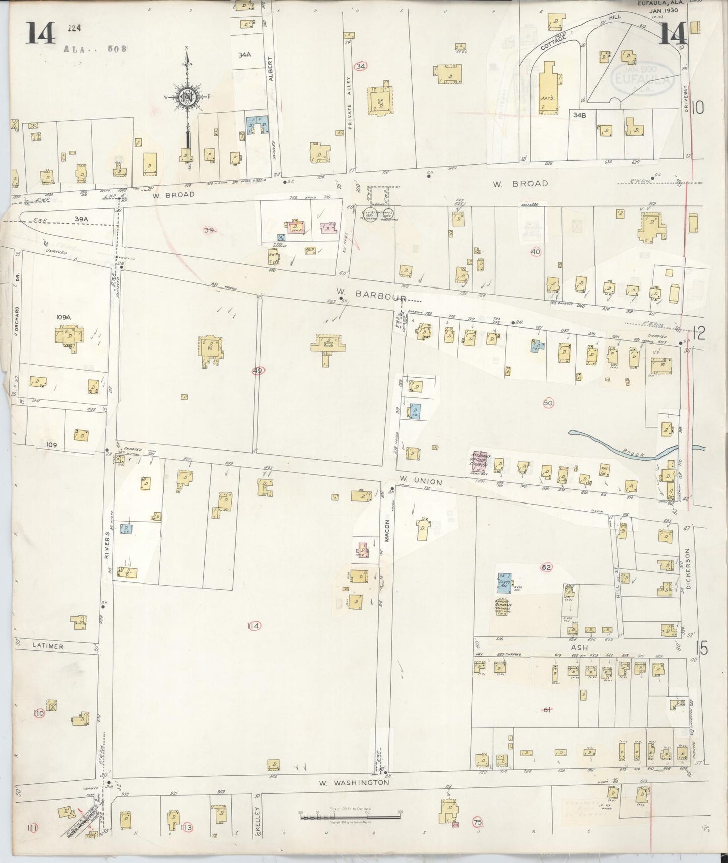 Sanborn Fire Insurance Map from Eufaula, Barbour County, Alabama (1950), Sheet #0014 - Historic Sanborn Fire Insurance Map Print, vintage old map wall art, antique decor, genealogy gift, Alabama Alabama map