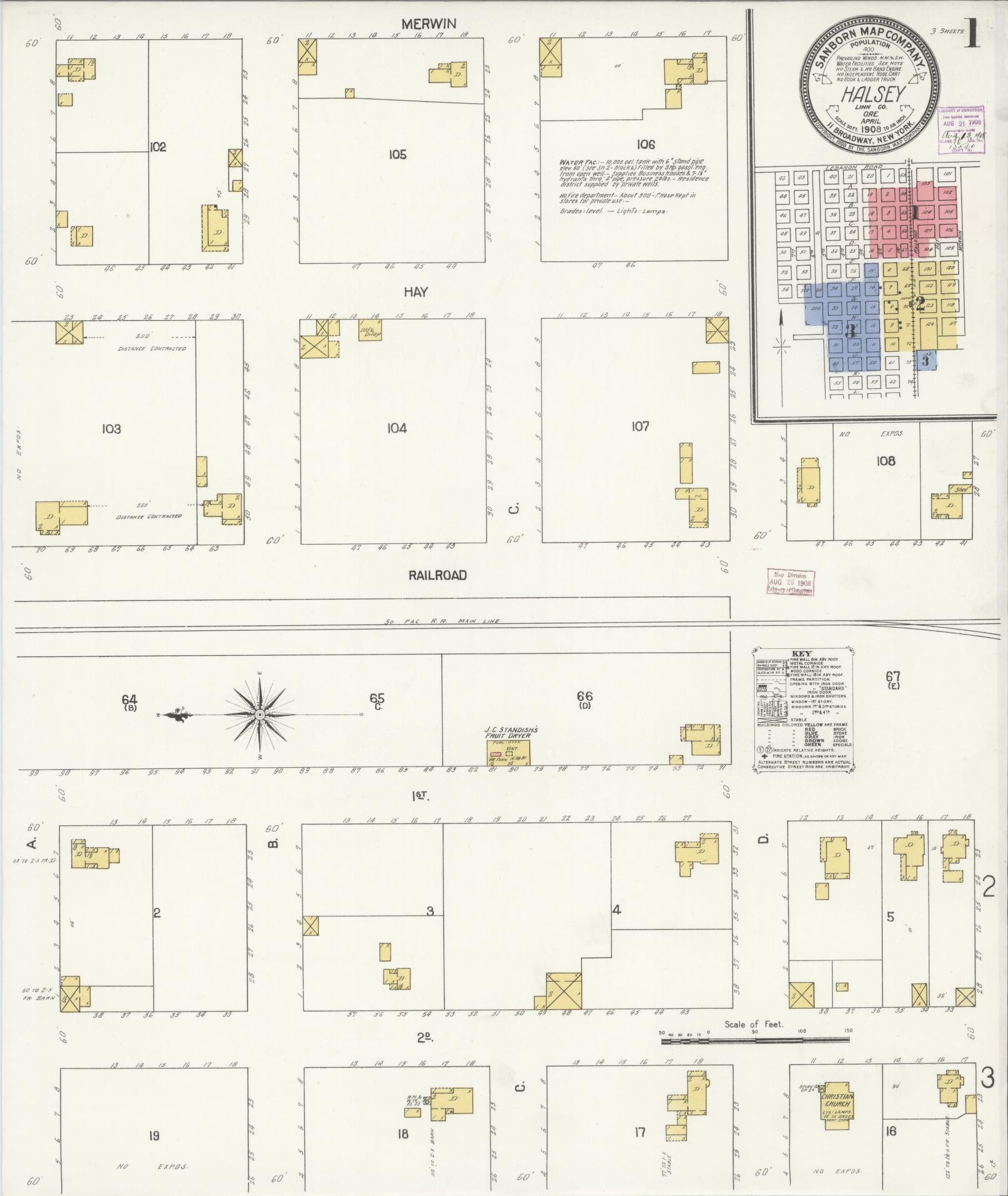 Sanborn Fire Insurance Map from Halsey, Linn County, Oregon (1908), Sheet #0001 - Historic Sanborn Fire Insurance Map Print, vintage old map wall art, antique decor, genealogy gift, Oregon Oregon map