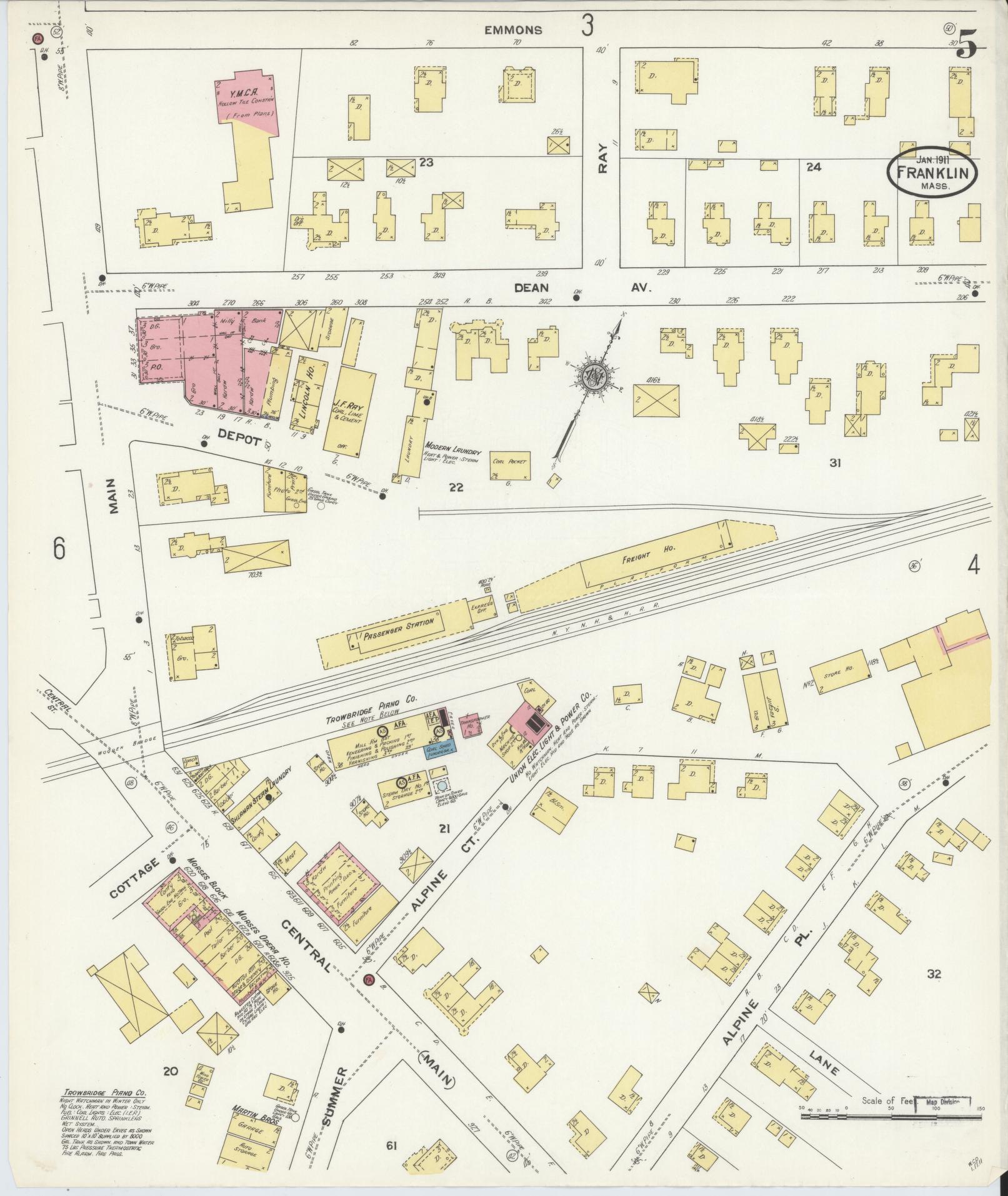 Sanborn Fire Insurance Map from Franklin, Norfolk County, Massachusetts (1911), Sheet #0005 - Complete Map Set gallery image, historic Sanborn map, vintage wall art, Massachusetts Massachusetts