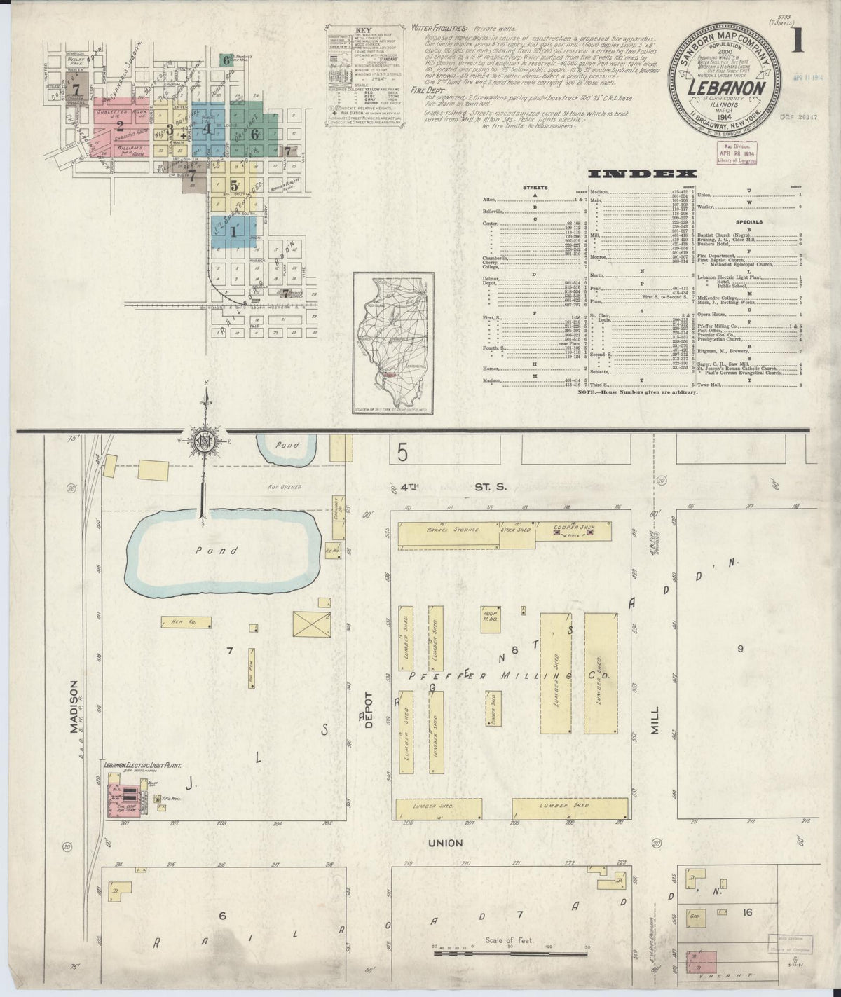 Sanborn Fire Insurance Map from Lebanon, Saint Clair County, Illinois (1914), Sheet #0001 - Complete Map Set gallery image, historic Sanborn map, vintage wall art, Illinois Illinois