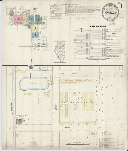 Sanborn Fire Insurance Map from Lebanon, Saint Clair County, Illinois (1914), Sheet #0001 - Complete Map Set gallery image, historic Sanborn map, vintage wall art, Illinois Illinois