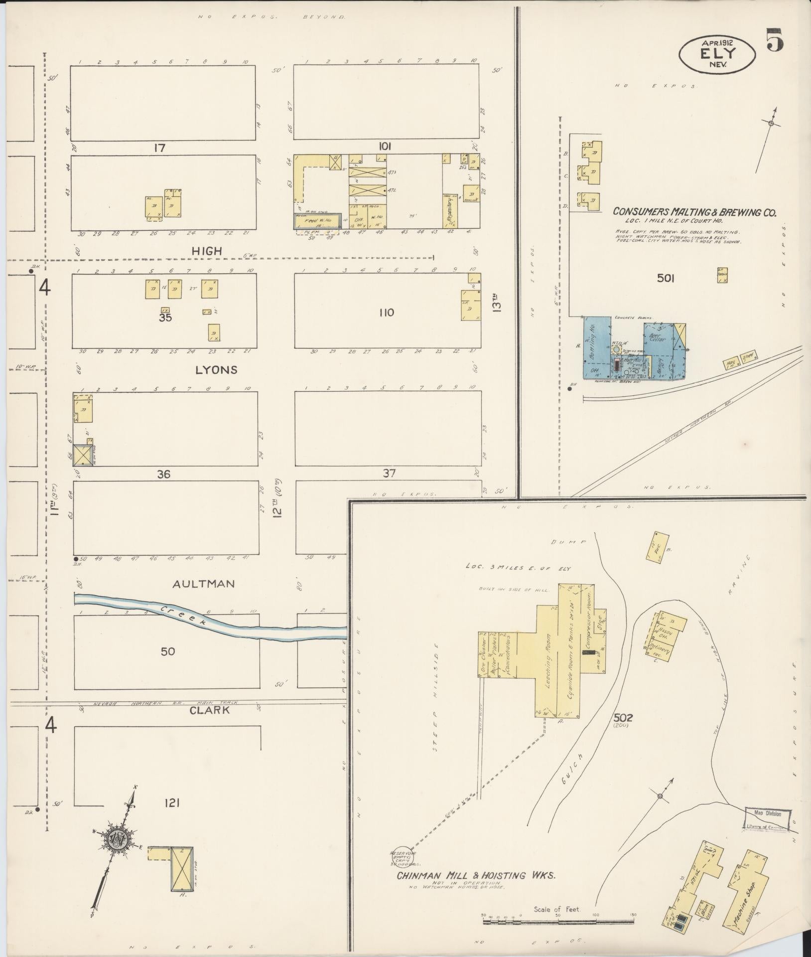 Sanborn Fire Insurance Map from Ely, White Pine County, Nevada (1912), Sheet #0005 - Historic Sanborn Fire Insurance Map Print, vintage old map wall art, antique decor, genealogy gift, Nevada Nevada map
