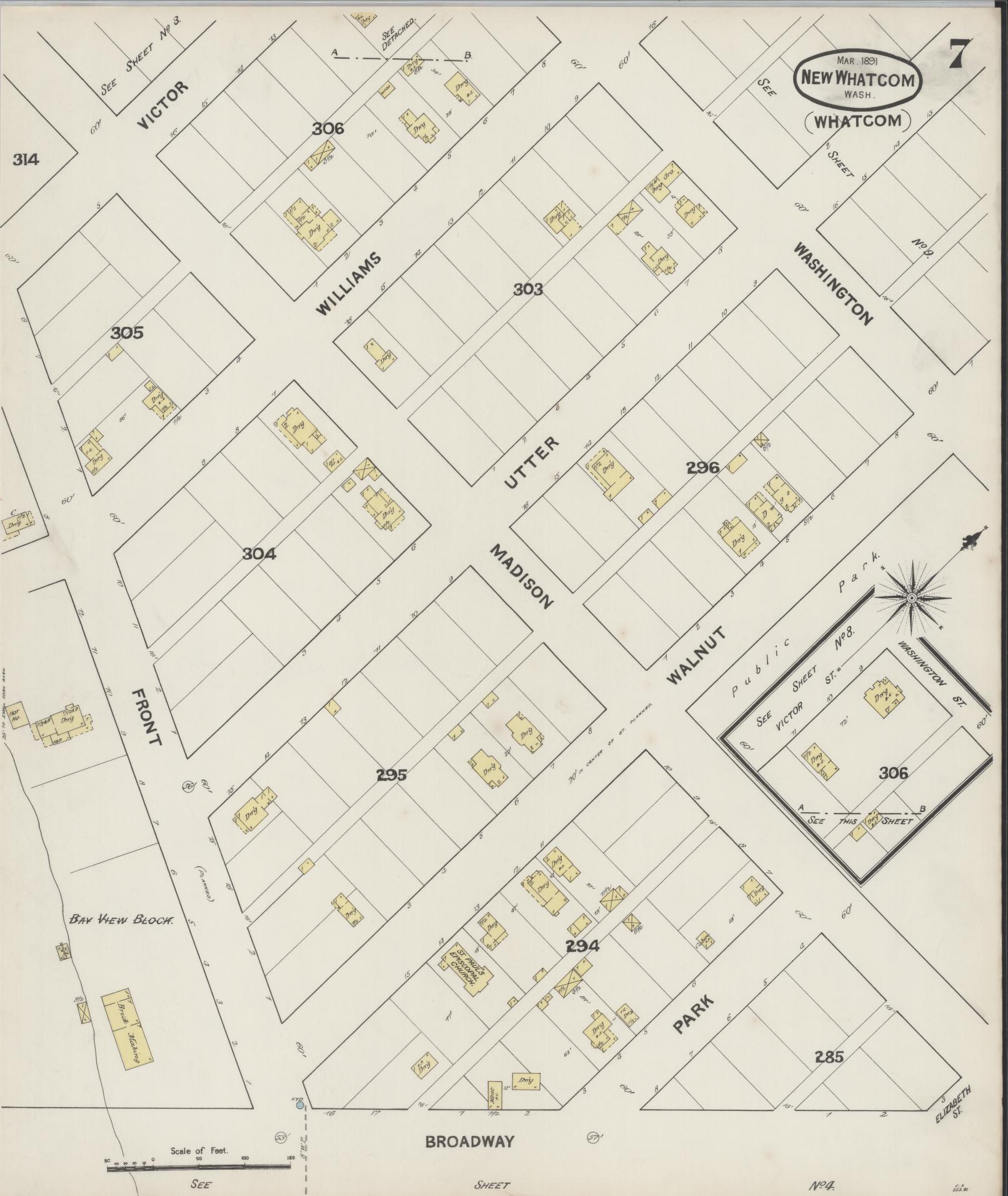 Sanborn Fire Insurance Map from New Whatcom, Whatcom County, Washington (1891), Sheet #0007 - Historic Sanborn Fire Insurance Map Print, vintage old map wall art, antique decor, genealogy gift, Washington Washington map