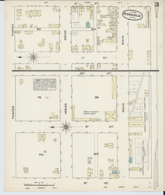 Sanborn Fire Insurance Map from Bismarck, Burleigh County, North Dakota (1884), Sheet #0003 - Historic Sanborn Fire Insurance Map Print, vintage old map wall art, antique decor, genealogy gift, North Dakota North Dakota map