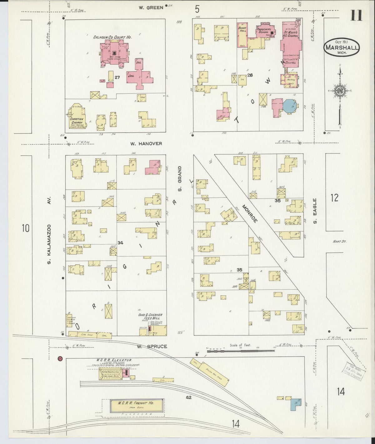 Sanborn Fire Insurance Map from Marshall, Calhoun County, Michigan (1911), Sheet #0011 - Historic Sanborn Fire Insurance Map Print, vintage old map wall art, antique decor, genealogy gift, Michigan Michigan map