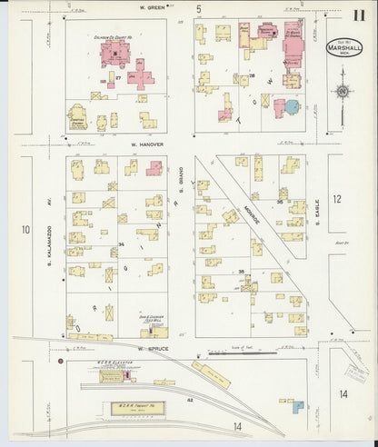 Sanborn Fire Insurance Map from Marshall, Calhoun County, Michigan (1911), Sheet #0011 - Historic Sanborn Fire Insurance Map Print, vintage old map wall art, antique decor, genealogy gift, Michigan Michigan map