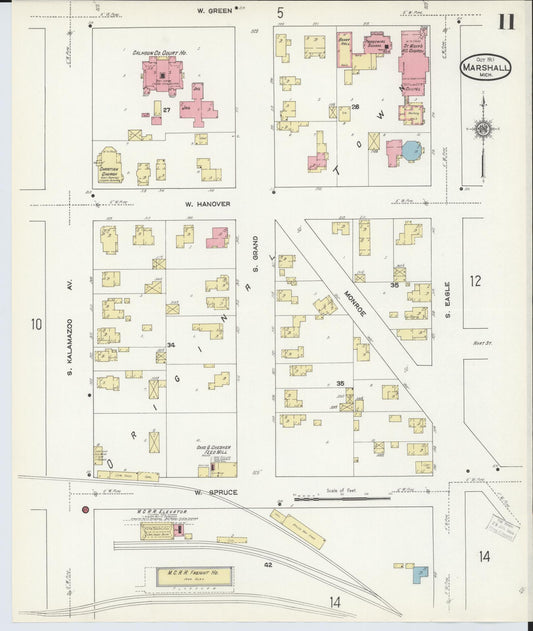 Sanborn Fire Insurance Map from Marshall, Calhoun County, Michigan (1911), Sheet #0011 - Historic Sanborn Fire Insurance Map Print, vintage old map wall art, antique decor, genealogy gift, Michigan Michigan map