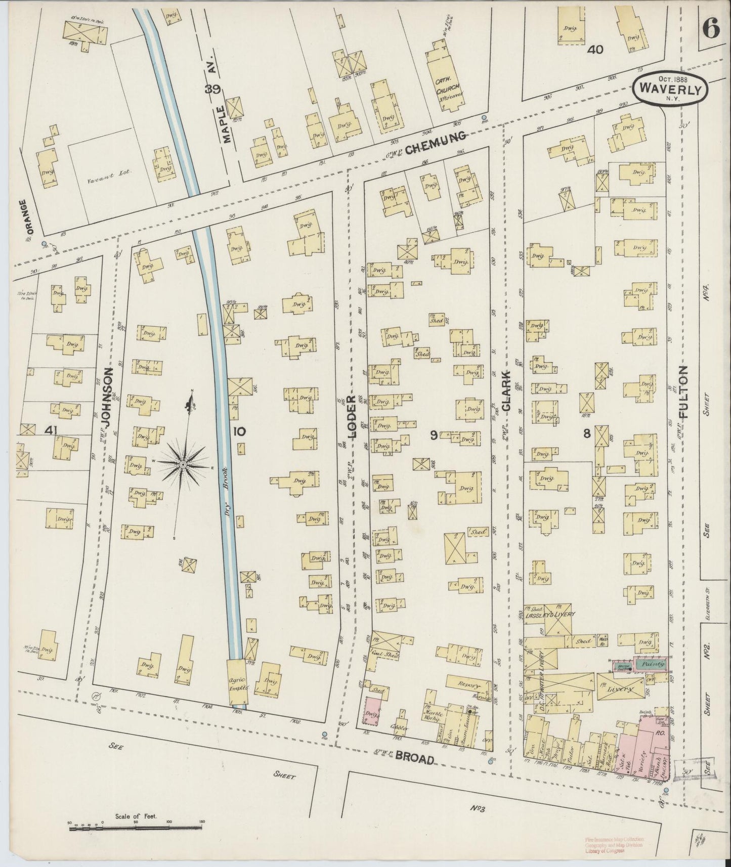 Sanborn Fire Insurance Map from Waverly, Tioga County, New York (1888), Sheet #0006 - Historic Sanborn Fire Insurance Map Print, vintage old map wall art, antique decor, genealogy gift, New York New York map