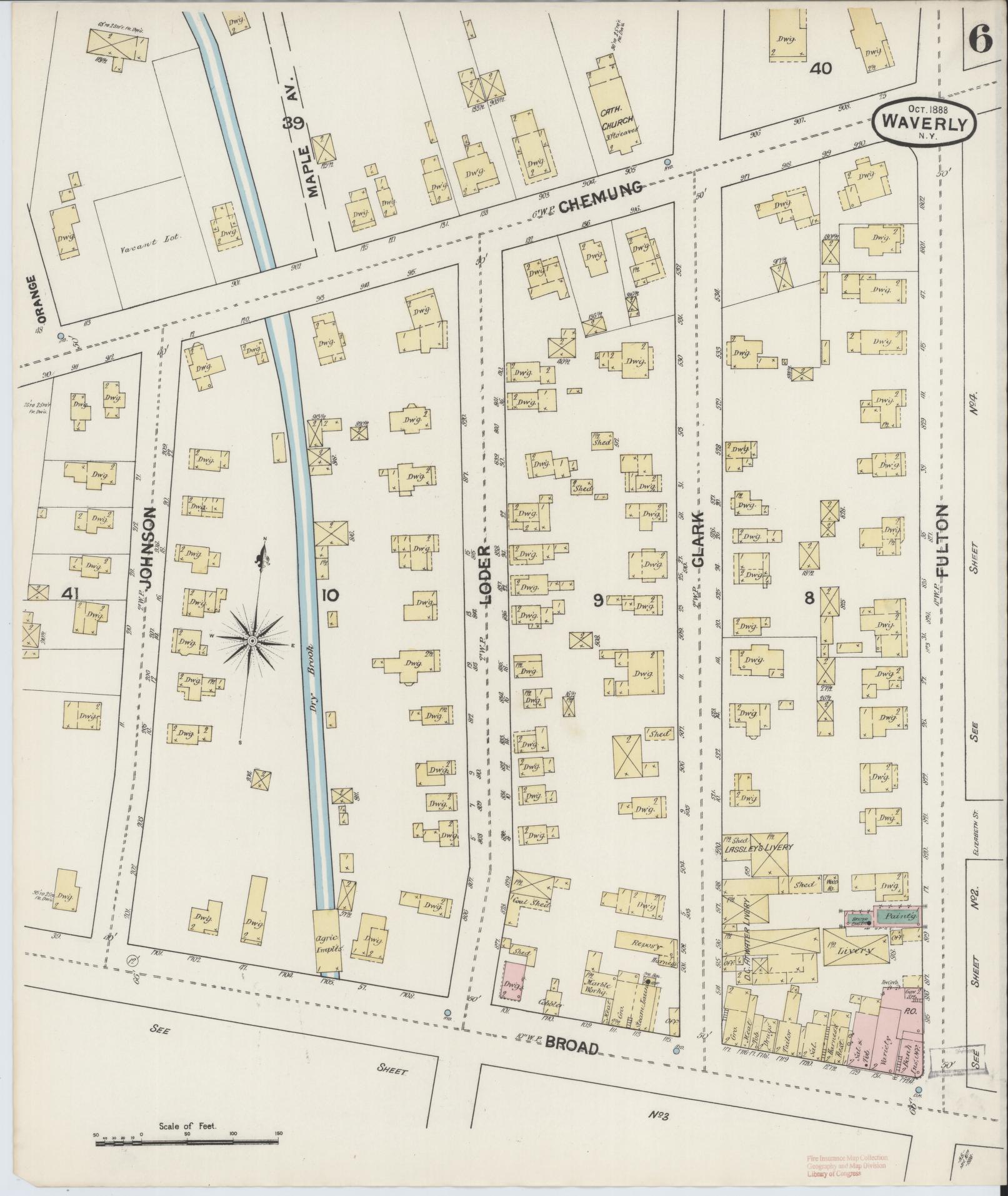 Sanborn Fire Insurance Map from Waverly, Tioga County, New York (1888), Sheet #0006 - Historic Sanborn Fire Insurance Map Print, vintage old map wall art, antique decor, genealogy gift, New York New York map