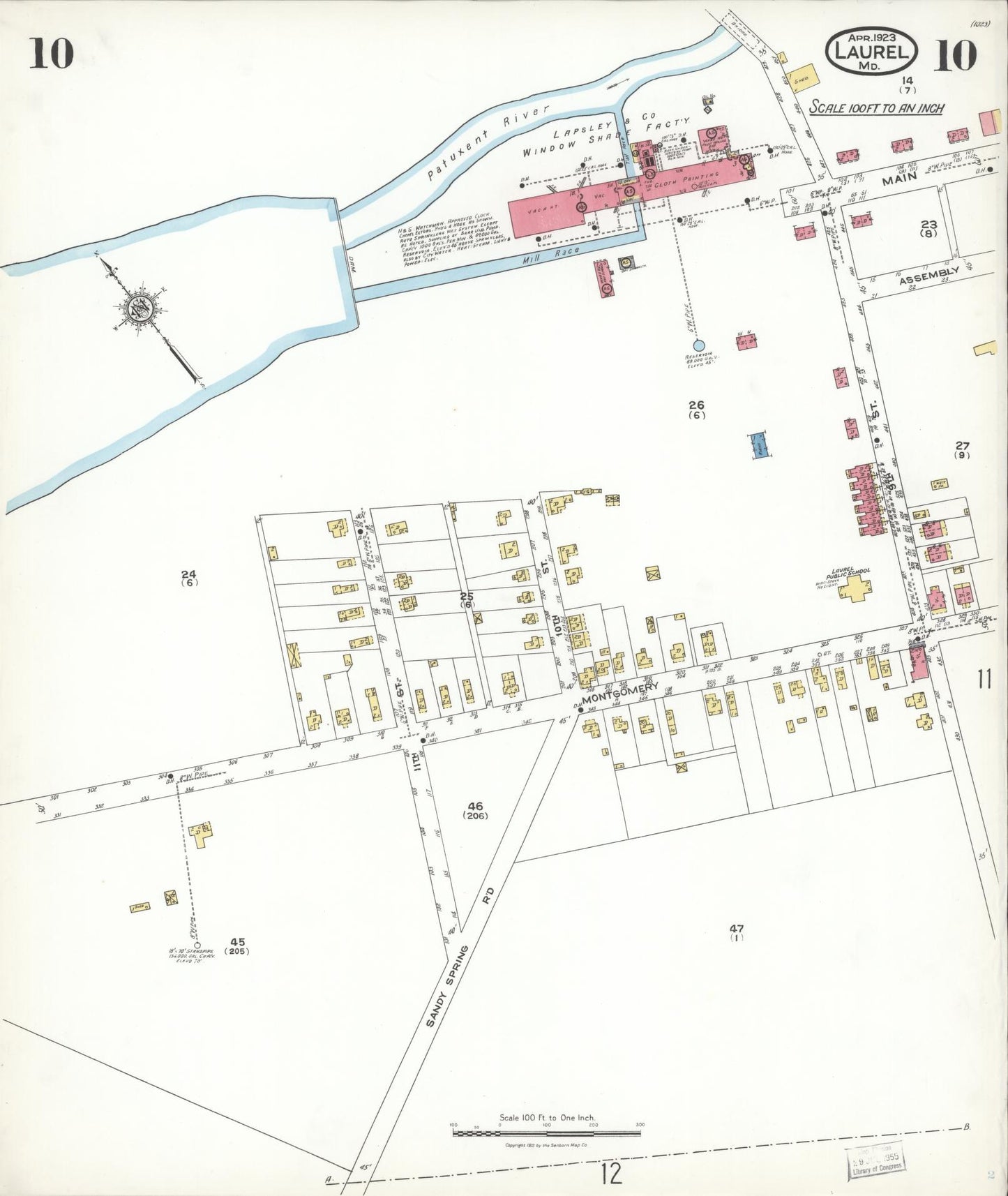 Sanborn Fire Insurance Map from Laurel, Prince Georges County, Maryland (1923), Sheet #0010 - Historic Sanborn Fire Insurance Map Print, vintage old map wall art
