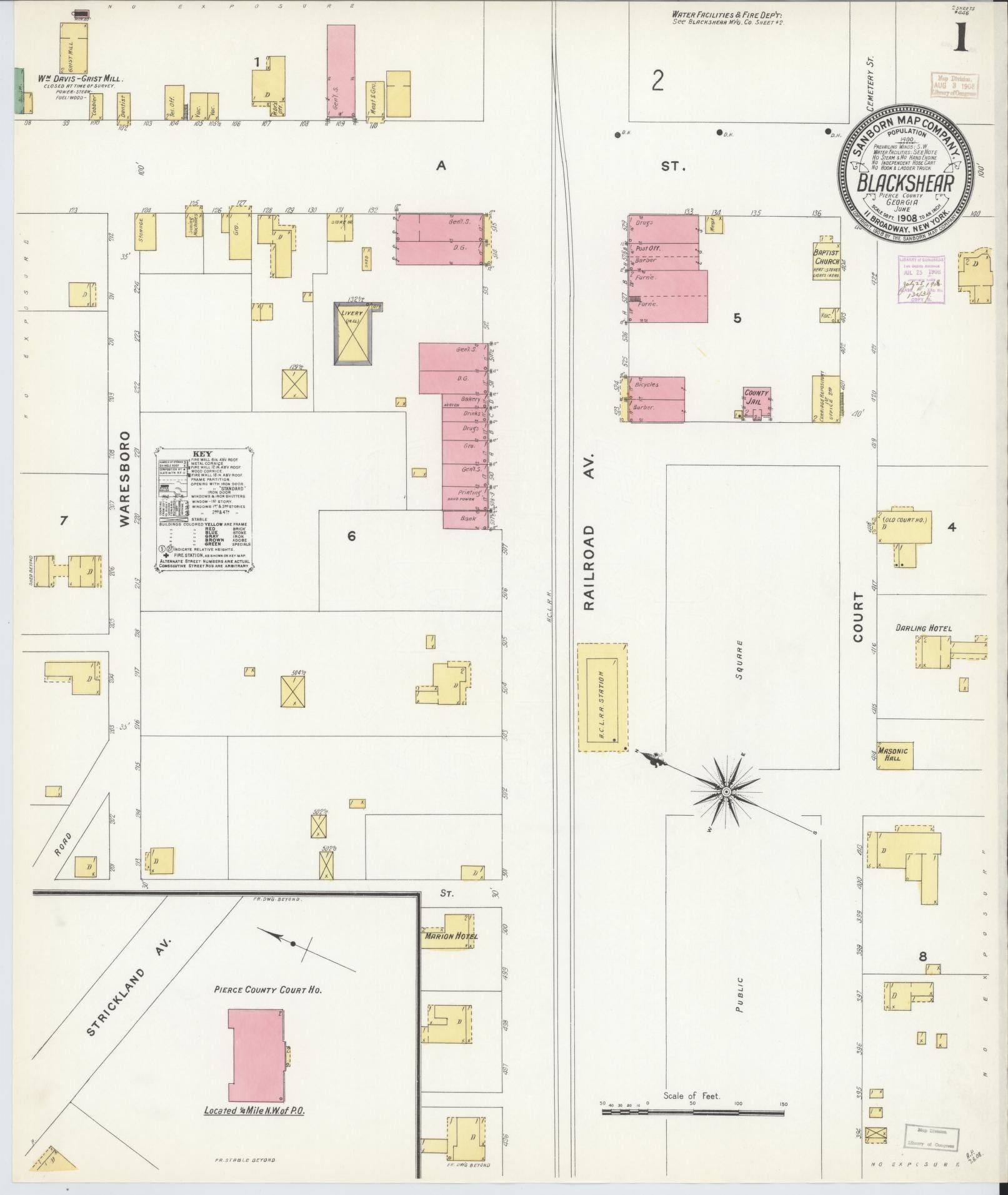 Sanborn Fire Insurance Map from Blackshear, Pierce County, Georgia (1908), Sheet #0001 - Complete Map Set gallery image, historic Sanborn map, vintage wall art, Georgia Georgia