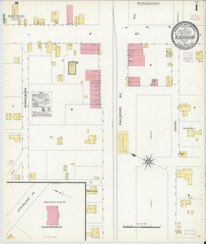Sanborn Fire Insurance Map from Blackshear, Pierce County, Georgia (1908), Sheet #0001 - Complete Map Set gallery image, historic Sanborn map, vintage wall art, Georgia Georgia
