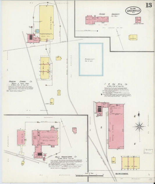 Sanborn Fire Insurance Map from Greenville, Greenville County, South Carolina (1898), Sheet #0013 - Historic Sanborn Fire Insurance Map Print, vintage old map wall art, antique decor, genealogy gift, South Carolina South Carolina map